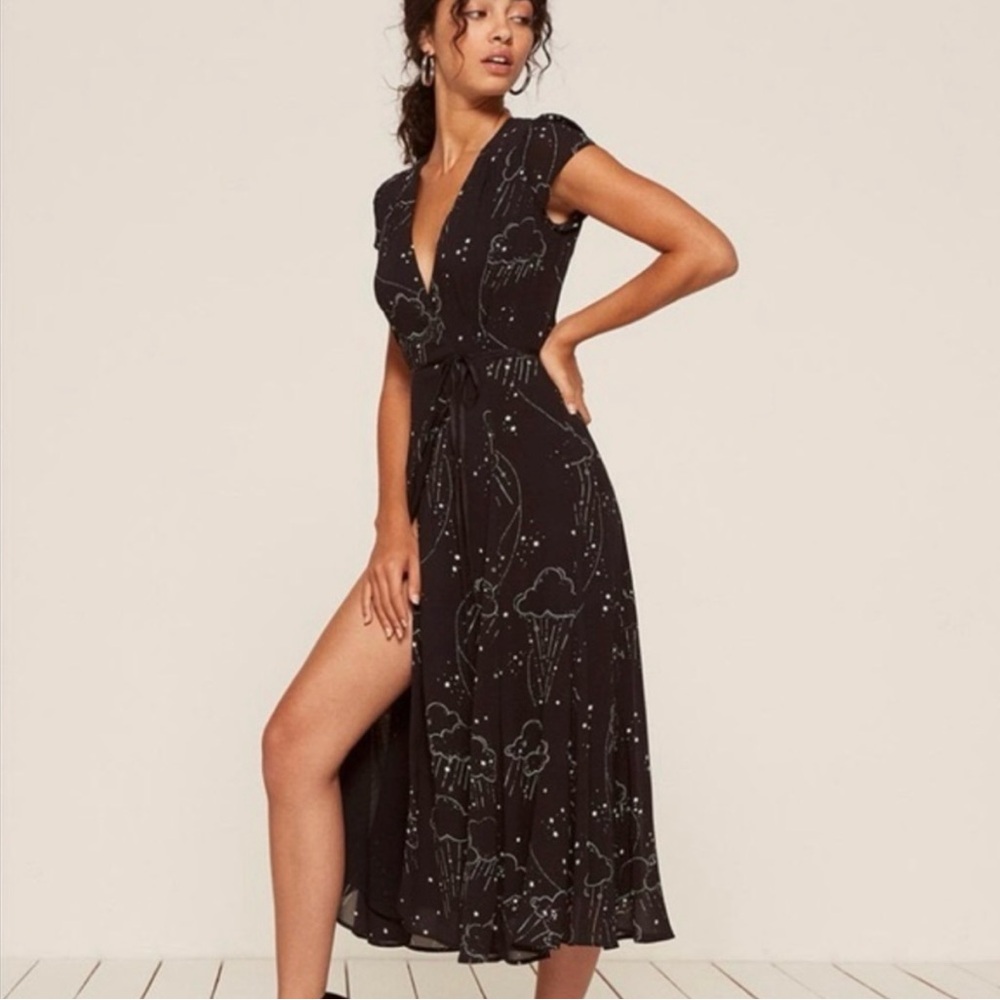 Reformation Carina Rain Cloud Stars Midi Wrap Dress In Dreamscape